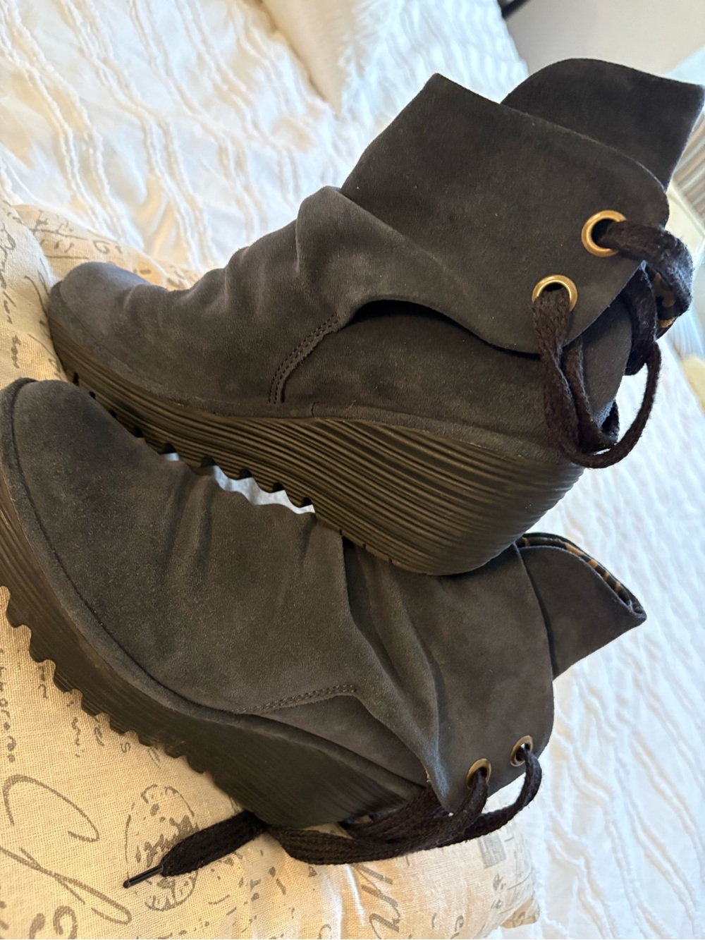 Fly London Blue Suede Wedge Ankle Boot with Back Laces